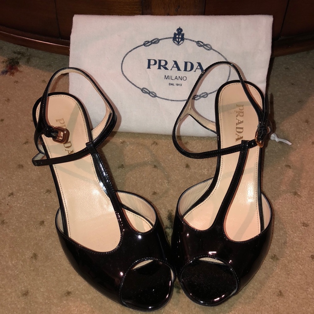 Prada Black Patent Leather Wedge Sandal
